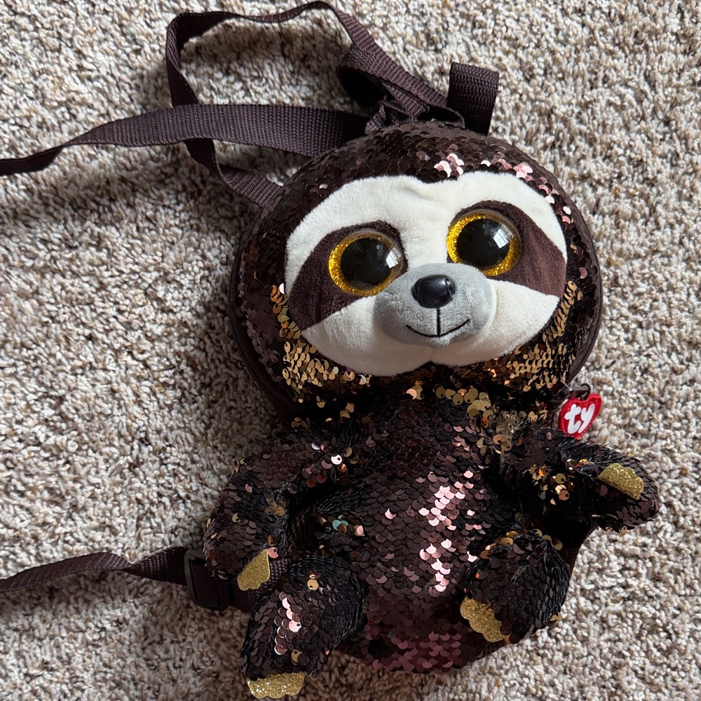 Ty Brown and Gold Sequin Sloth Backpack